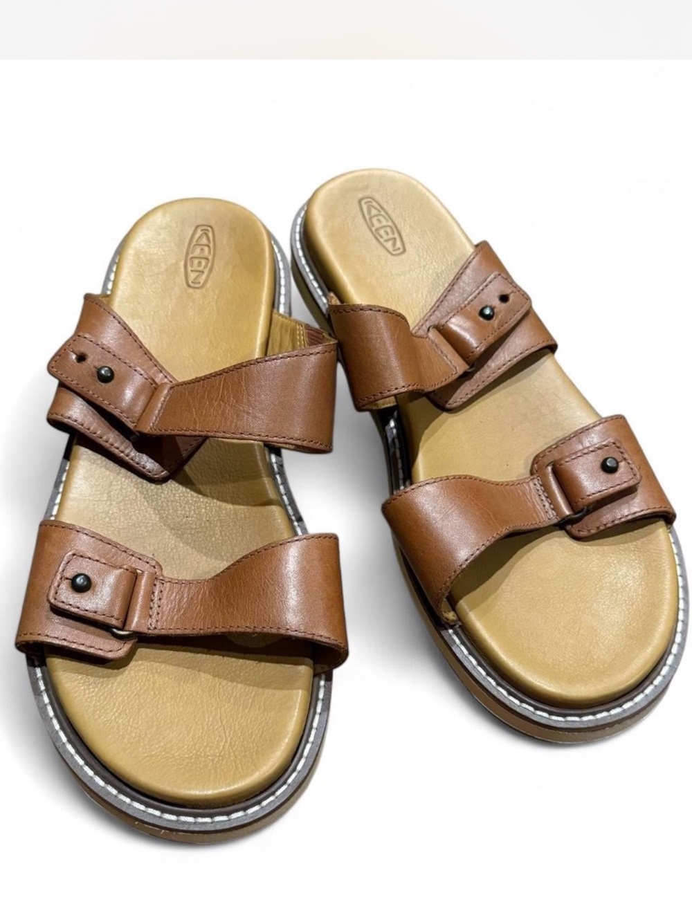 KEEN Lana Brown Leather Double-Strap Slide Sandals